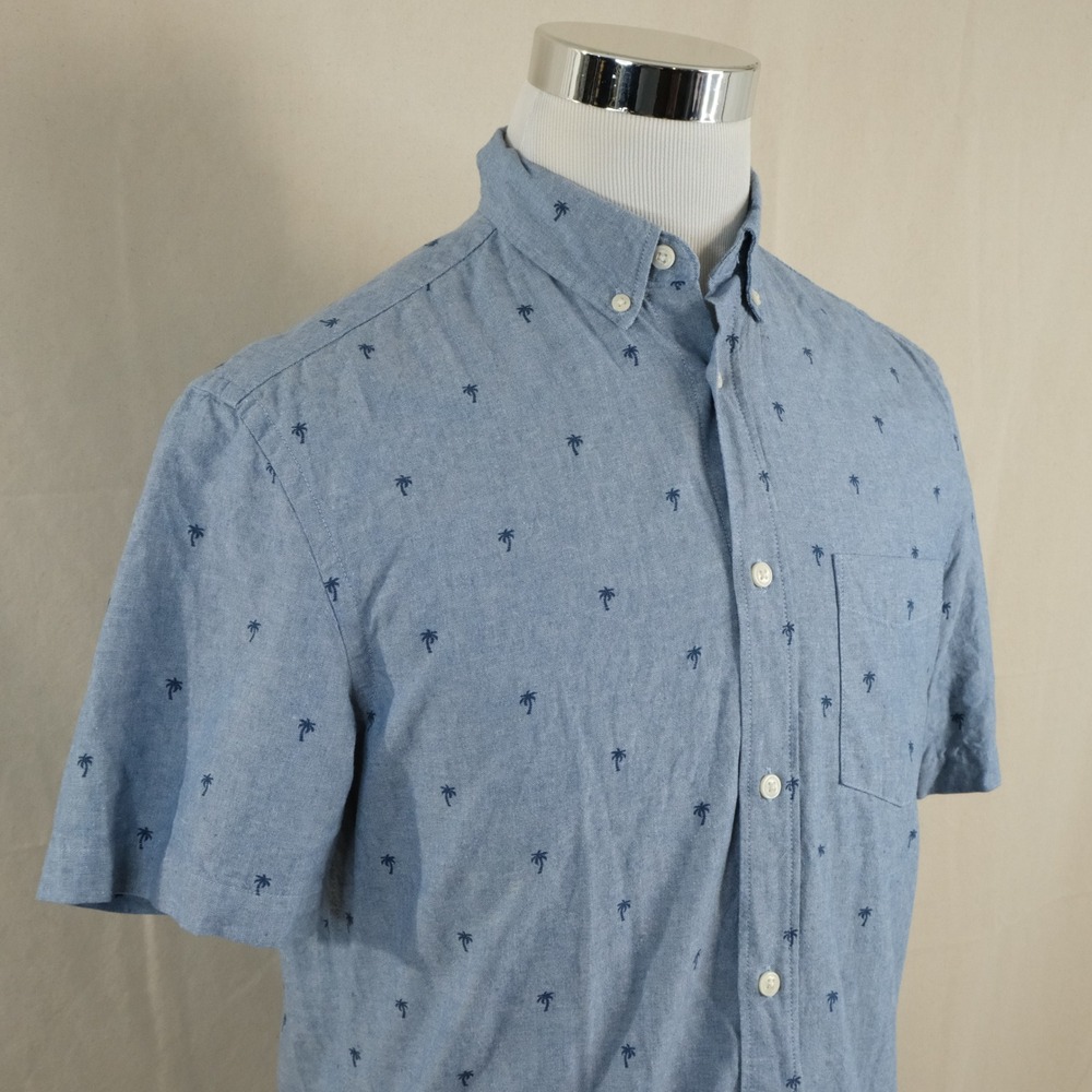 H&M Small Regular Fit Oxford Shirt Blue Palm Tree Print Cotton Button Down Mens